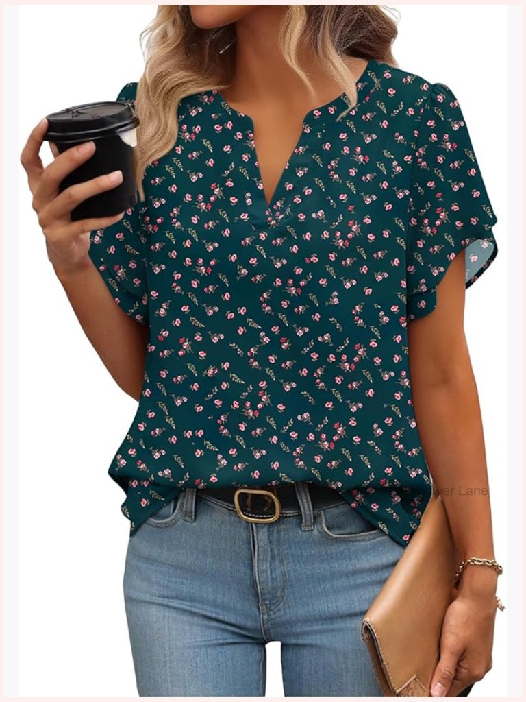 Women's Short Sleeve V Neck Blouse Business Casual Chiffon Top Work Shirt